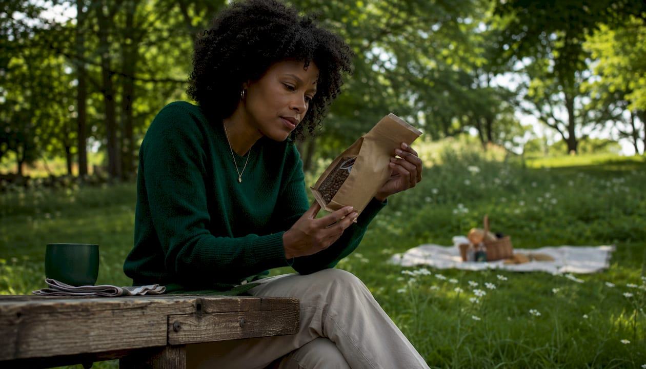 Woman examining eco-labeled coffee bag in café