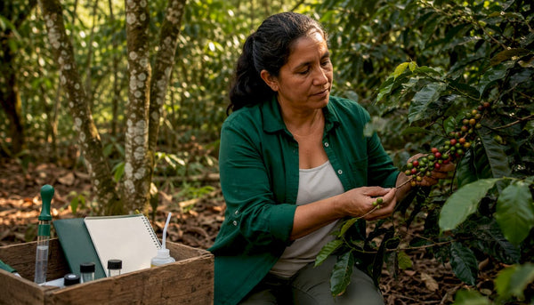 Agronomist inspecting shaded coffee cherries on farm