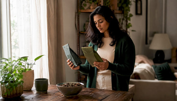 Consumer comparing pesticide-free tea packages