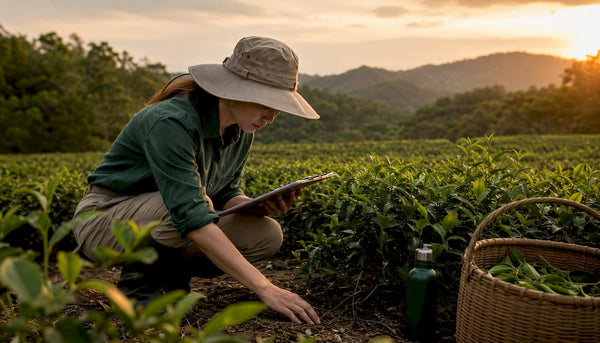 Scientist inspecting sustainable tea farming