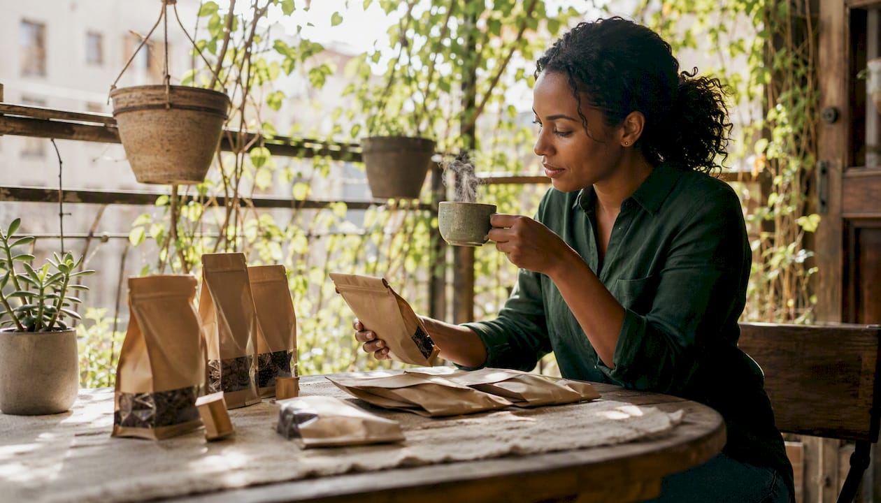 Person sampling sustainable coffee at kitchen table