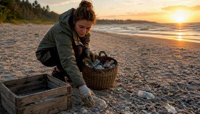 Volunteer collecting plastic on rocky shore