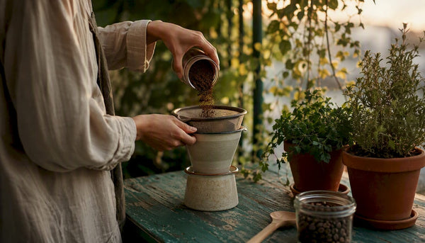 Hands pouring coffee grounds into eco filter
