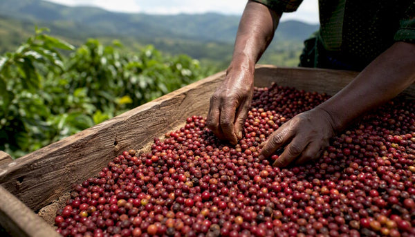 Hands sorting ripe coffee cherries on farm