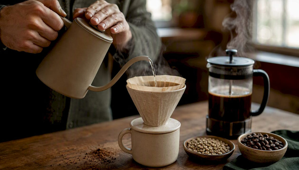 Hands brewing light and dark roast coffee