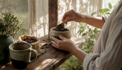 Hands selecting loose-leaf tea on rustic shelf