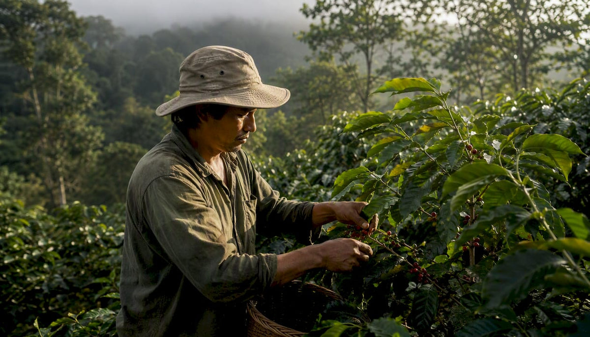 Coffee farmer picking ripe cherries in shade