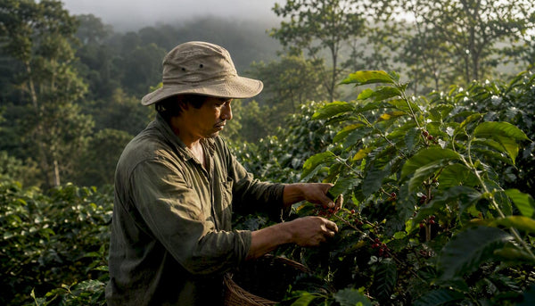 Coffee farmer picking ripe cherries in shade