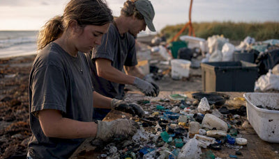 Hands sorting ocean-bound plastic waste