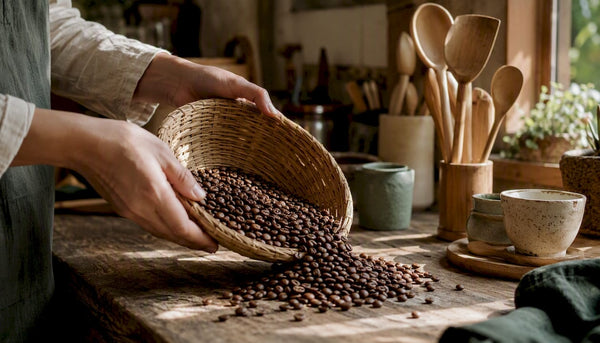 Hands scooping sustainable coffee beans on wood table