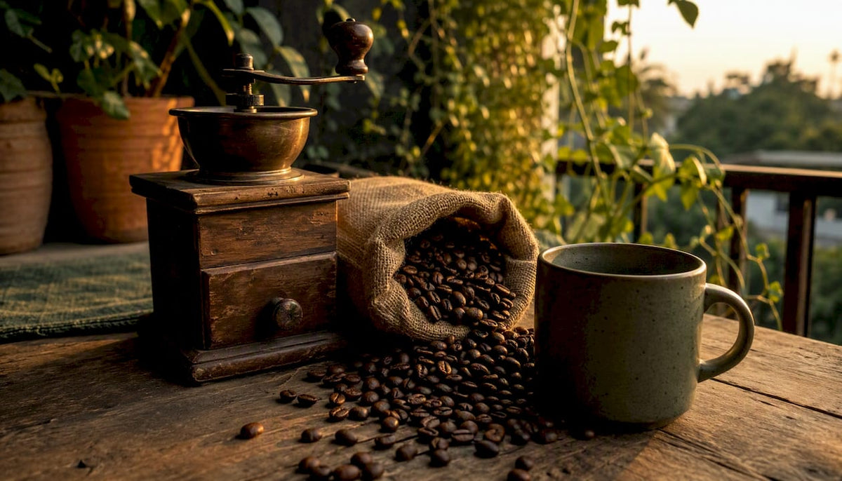 Whole roasted coffee beans with manual grinder