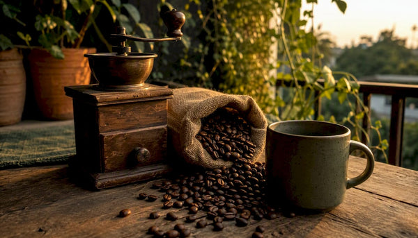 Whole roasted coffee beans with manual grinder