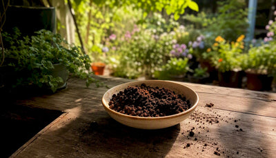 Spent coffee grounds drying on ceramic plate