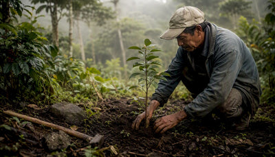 Hands planting tree sapling on coffee farm