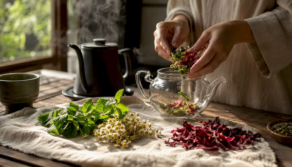 Hands pouring hot water over herbs for tea