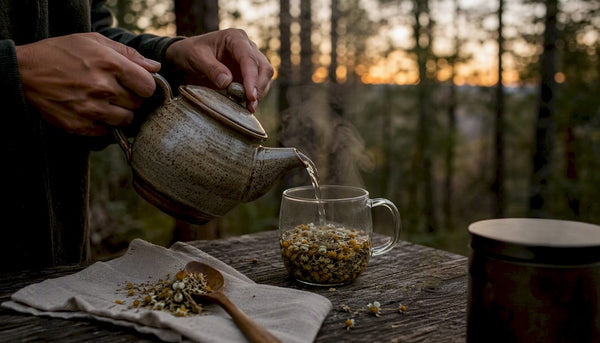 Hands pouring hot water over chamomile tea