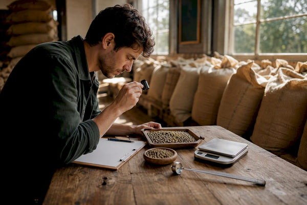 Inspector checking coffee beans quality