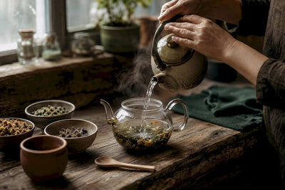 Hands pouring water over loose leaf organic tea
