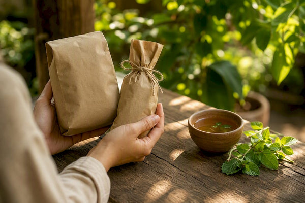Hands exchanging eco-friendly coffee and tea packages