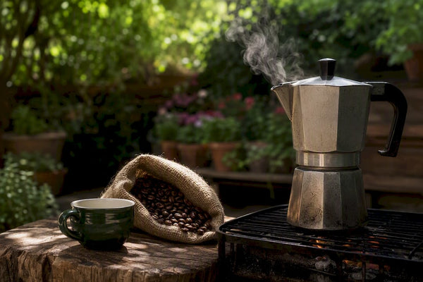 Moka pot steaming next to espresso machine portafilter and cup
