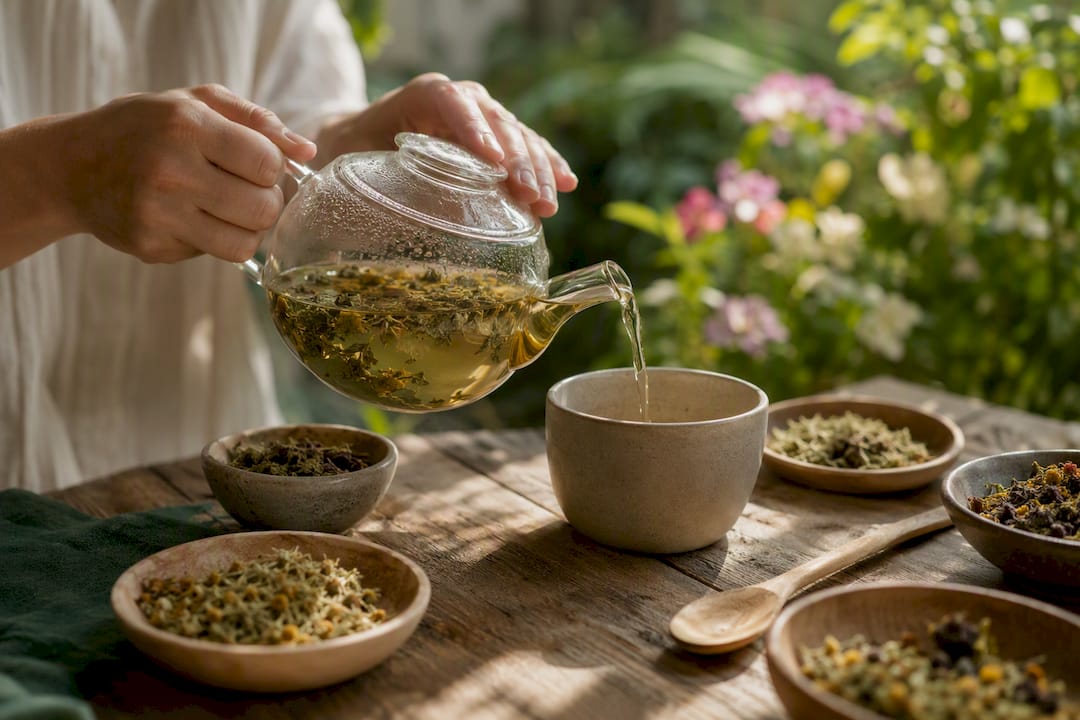 Steaming herbal tea poured from glass teapot