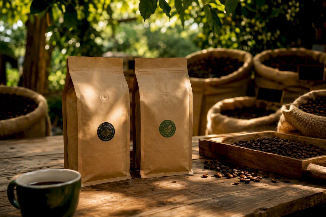 Hands holding coffee bags with certification seals