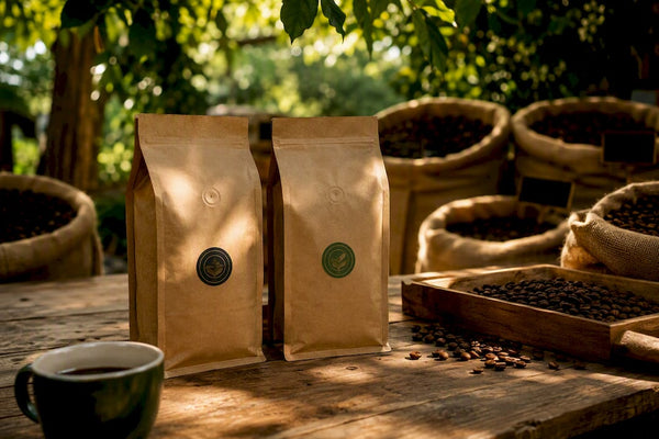 Hands holding coffee bags with certification seals