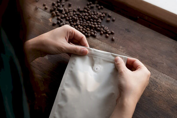 Close-up of one-way valve coffee bag