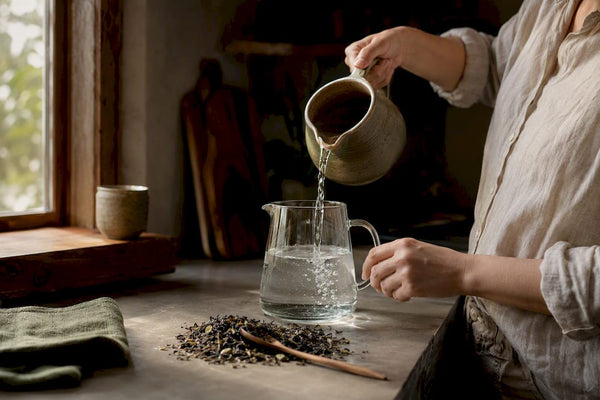 Hand pouring water into pitcher for cold brew tea