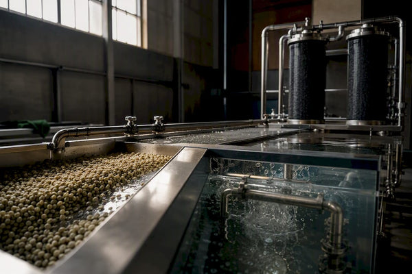 Green coffee beans in decaffeination facility