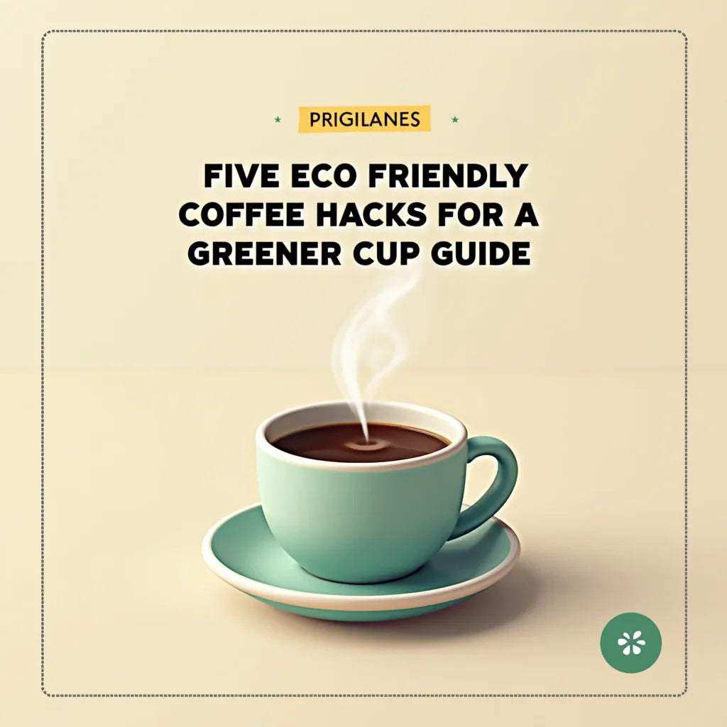 Steaming cup of eco friendly coffee in a green cup and saucer with text five eco friendly coffee hacks for a greener cup guide