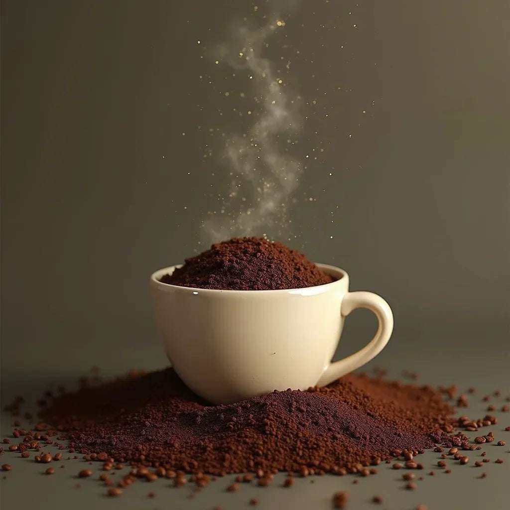 steaming cup filled with sustainable coffee grounds surrounded by loose coffee powder on a neutral background used in the sustainable coffee guide blog post