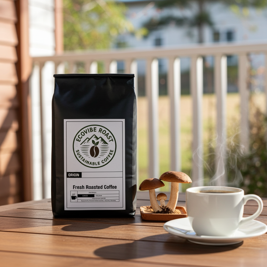 EcoVibe Roast sustainable mushroom coffee package with coffee cup and fresh mushrooms on wooden table outdoors highlighting mushroom coffee benefits
