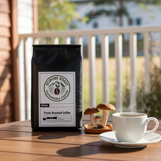 EcoVibe Roast sustainable mushroom coffee package with coffee cup and fresh mushrooms on wooden table outdoors highlighting mushroom coffee benefits