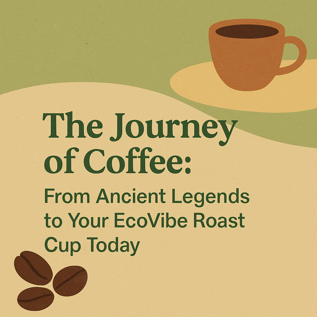 EcoVibe Roast sustainable coffee journey from ancient origins to modern cup with coffee beans and cup illustration