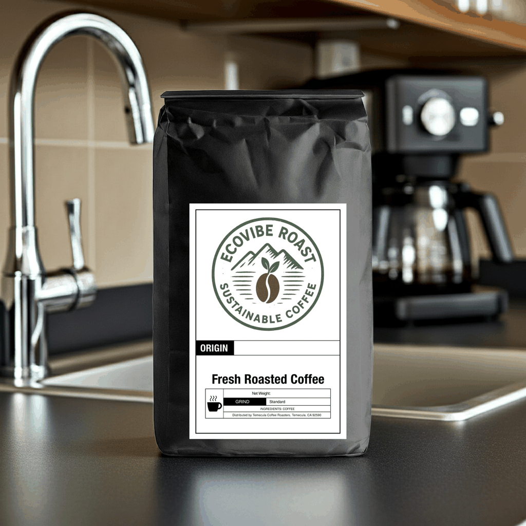 6 Bean Blend dark roast coffee bag on kitchen counter near coffee maker