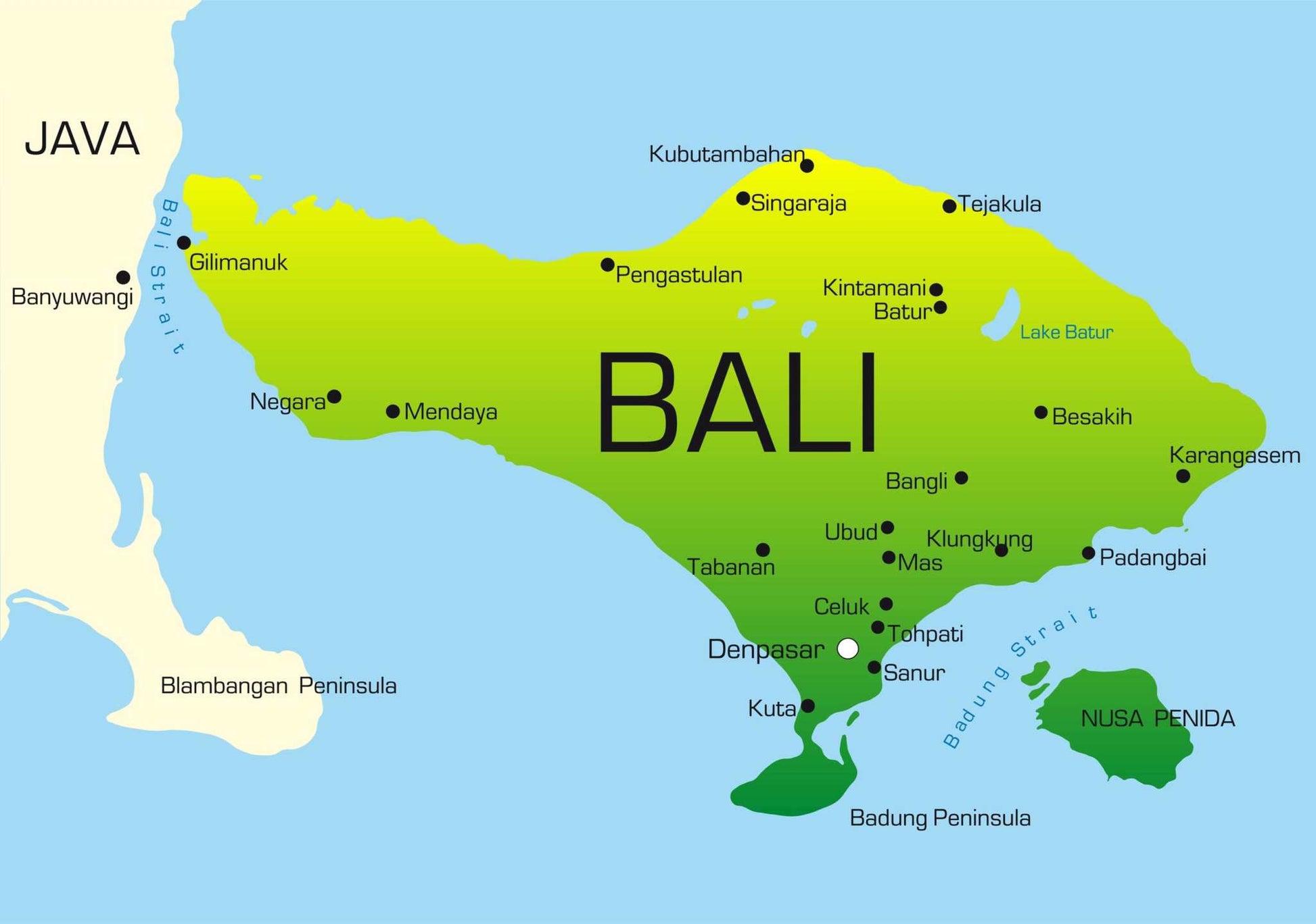 Map of Bali showing coffee growing regions including Kintamani for Bali Blue coffee origin