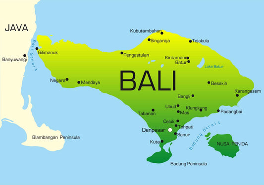 Map of Bali showing coffee growing regions including Kintamani for Bali Blue coffee origin
