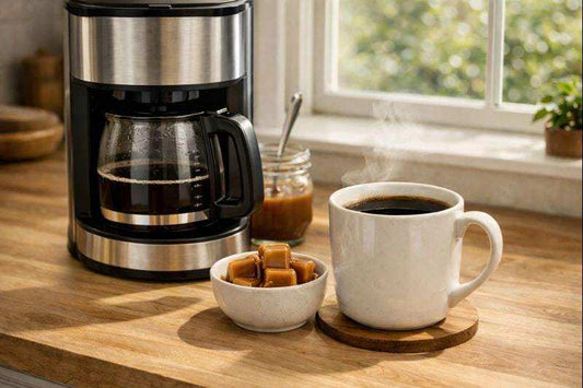 Caramel flavored coffee in white mug with coffee maker and caramel cubes on wooden table near window