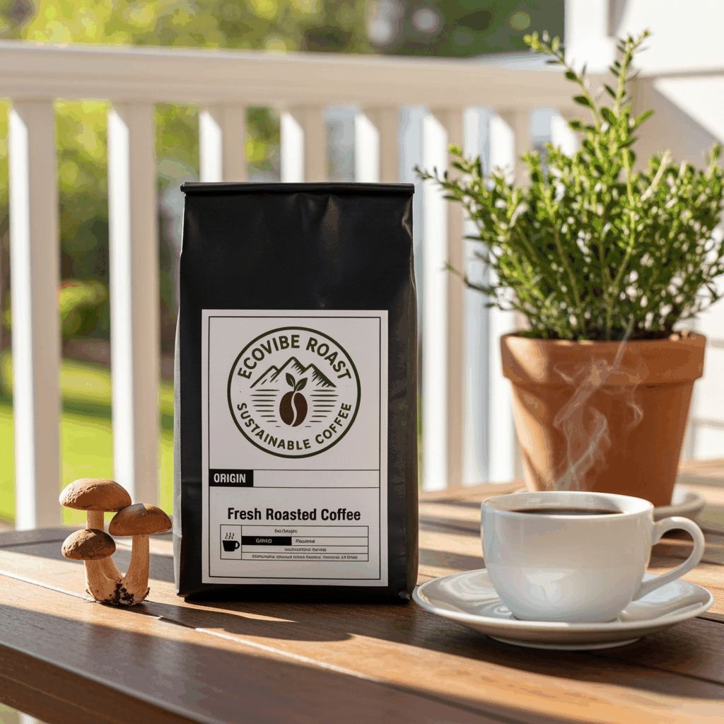 Mushroom Coffee Blend medium roast with Lion’s Mane Cordyceps Reishi and steaming cup on wooden table