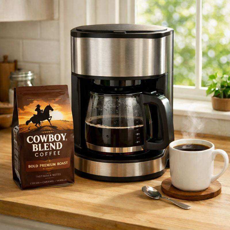 Cowboy Blend Coffee bold premium roast with cocoa caramel vanilla notes next to coffee maker and cup on wooden table