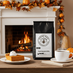 Pumpkin spice flavored medium roast coffee bag with steaming cup and pumpkin pie by cozy fireplace setting