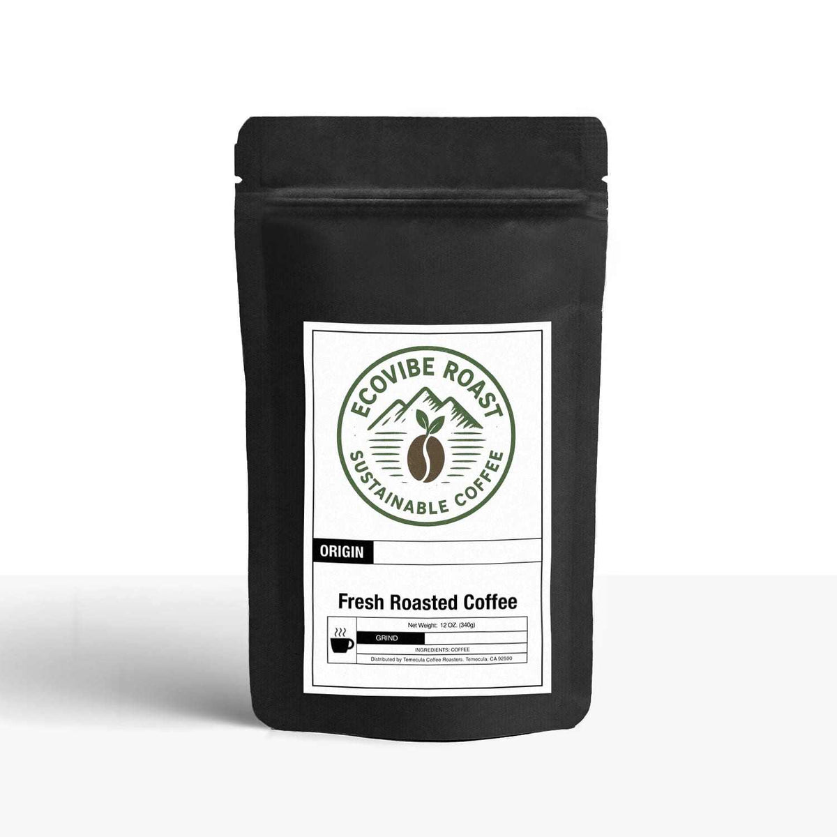 Black resealable bag of Ecovibe Roast sustainable fresh roasted coffee with white label