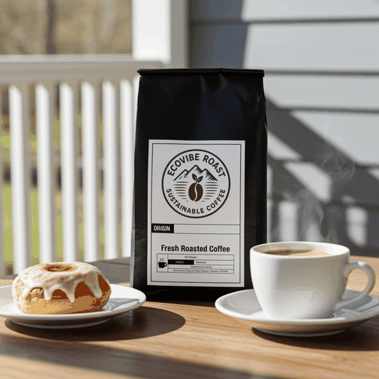 Cinnabun Flavored Coffee medium roast with cinnamon roll inspired notes and fresh roasted coffee bag next to cup and cinnamon bun on table