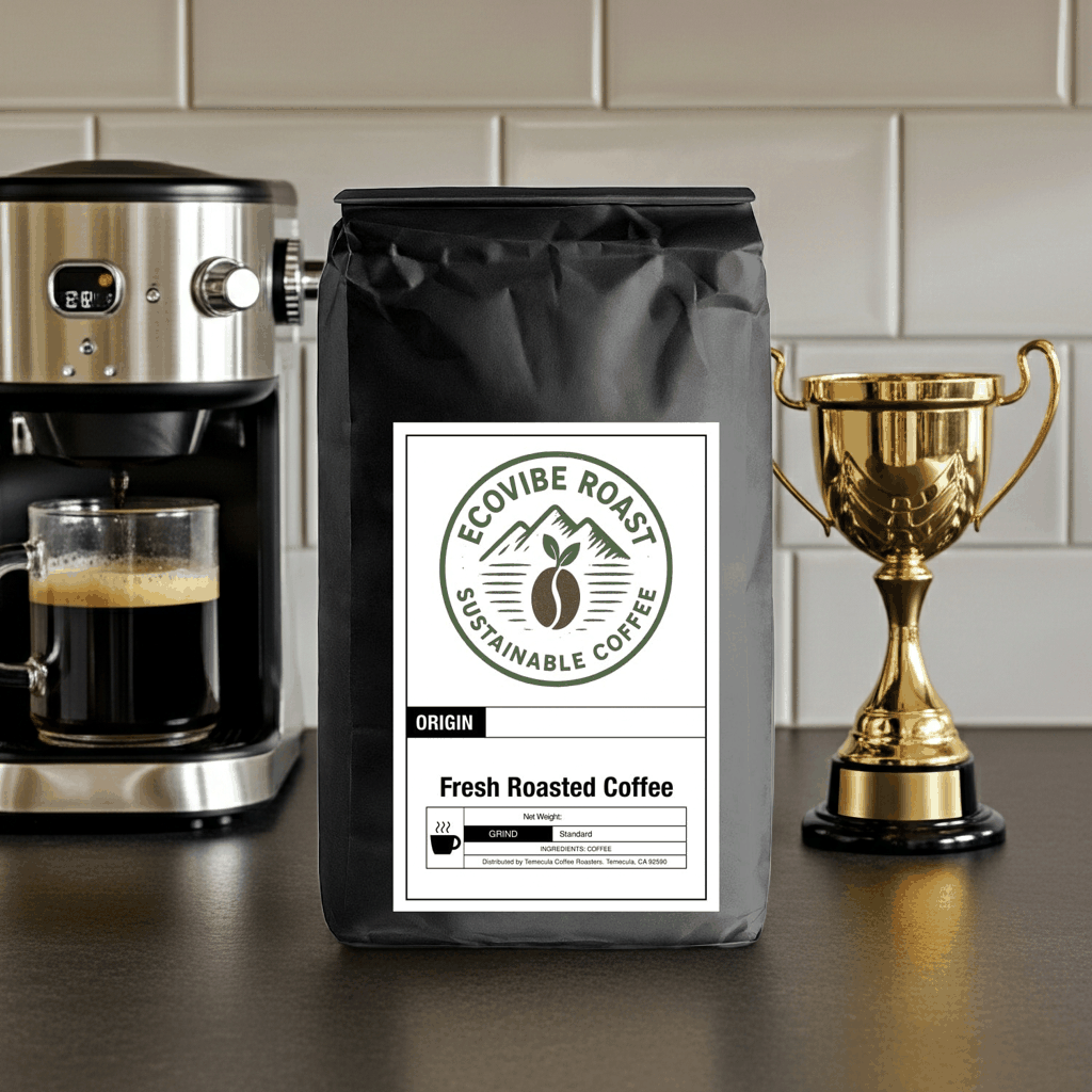 Best Sellers Sample Pack fresh roasted coffee bag next to coffee maker and trophy on kitchen counter