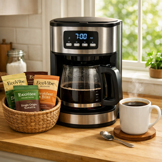 Best Sellers Sample Pack with six 2-oz coffee bags including blends and single-origin varieties displayed next to a coffee maker and a steaming cup of coffee on a wooden kitchen counter