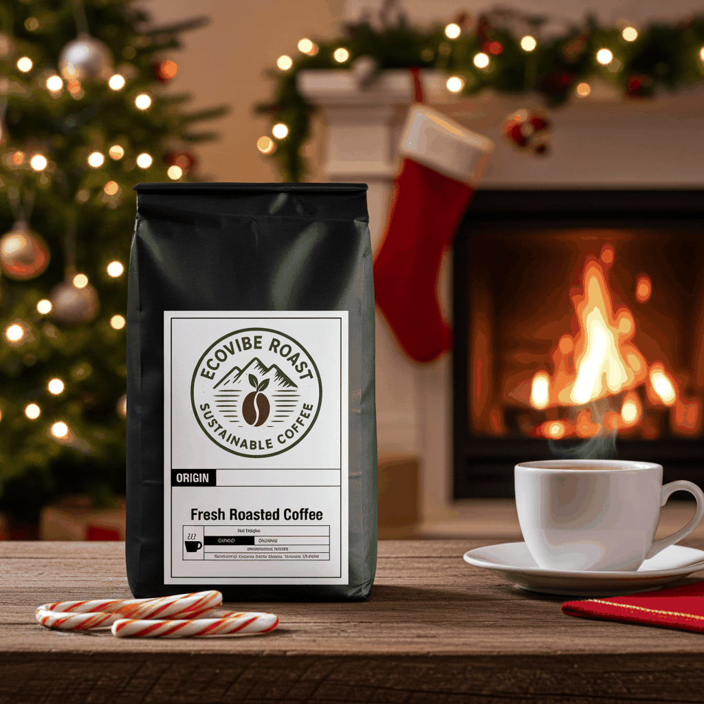 Bag of Candy Cane flavored coffee beans with candy canes and coffee cup by fireplace and Christmas tree