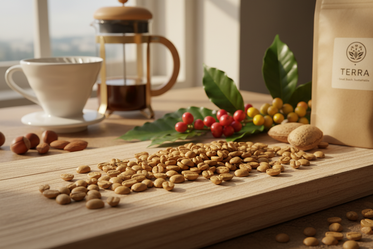 an image that illustrates this product description- Blonde Blend Coffee is a smooth, light-roast blend crafted from specialty-grade beans sourced from Central America and Africa. Naturally sweet and aromatic, it features subtle fruity and nutty notes with a clean, approachable finish. Roasted in small batches and shipped fresh, this versatile light roast brews beautifully as espresso, drip, French press, or pour-over—perfect for an easy, vibrant everyday cup in eco-conscious packaging.