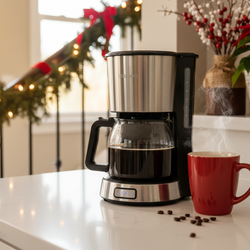 Holiday Blend Coffee medium-dark roast coffee brewing in drip coffee maker with steaming red mug and festive holiday decorations in background