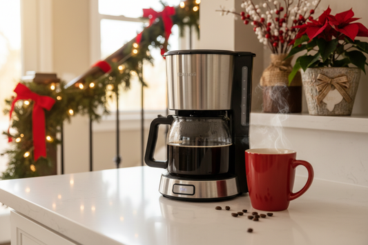 Holiday Blend medium-dark roast coffee brewing in drip coffee maker with steaming red mug and festive holiday decorations in background
